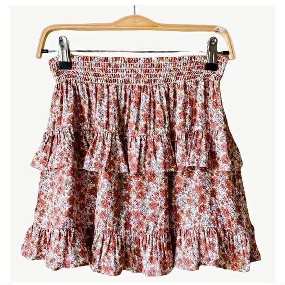 NWT Le Lis Collection Beige-Rust Floral Ruffled Tiered Womens Skirt Sz S - Picture 1 of 5